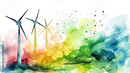 watercolor of renewable energy with green energy wind turbines, eco friendly advertising, colorful art AI photo