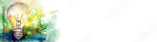 Watercolor of light bulb with green eco city, web banner for earth day concept promoting renewable energy with green energy, text or copy space for banner, energy conservation, AI photo