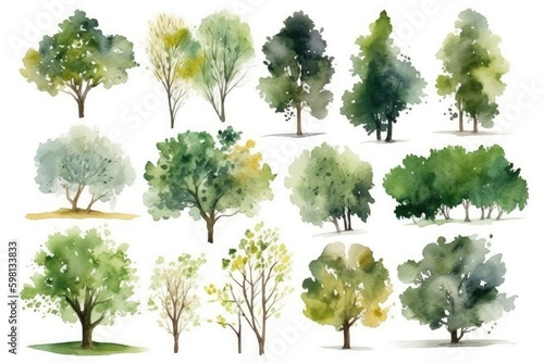 Watercolor tree set, set of hand drawn trees, watercolor tree paintings, AI