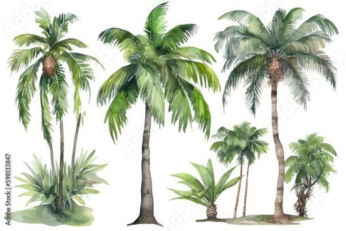 Watercolor tropical tree set, set of hand drawn trees, watercolor palm tree paintings, palm trees, AI