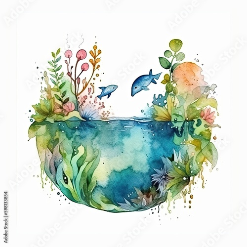 Earth day fish pond, watercolor art of the fish pond for earthday. wallpaper background image to save the lakes and oceans on the the globe, ecology and world water day, AI
