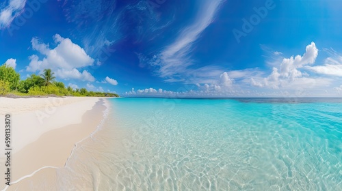 Beautiful sandy beach with white sand and rolling calm wave, AI