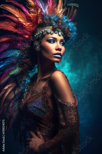 Fashion model with glittering colorful dress and feather boa looking over her shoulder, generated with AI.