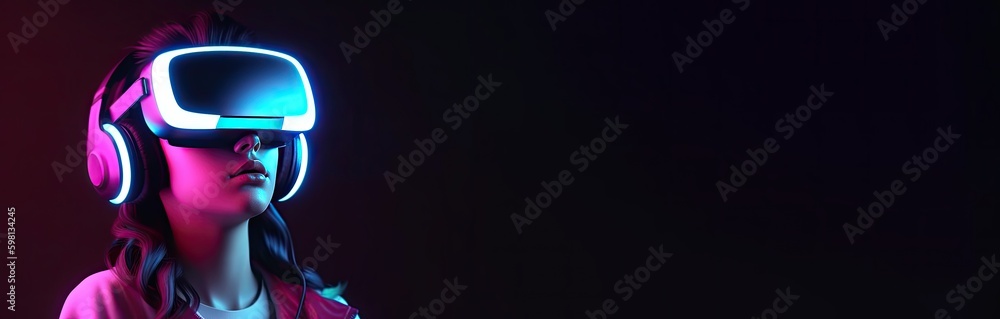 VR banner with space for copy text, web banner featuring VR headset for metaverse, AI VR banner with space for copy text, web banner featuring VR headset for metaverse, AI