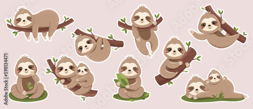 Cute sloth stickers set. Collection of graphic elements for website. Charming lazy animal on branch. Forest tropical mammal with tree. Cartoon flat vector illustrations isolated on white background photo