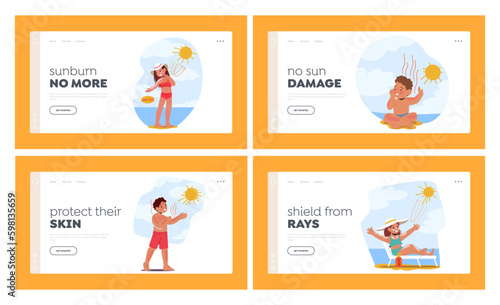 Kids Skin Protection Landing Page Template Set. Children's Sunburn Cause Redness, Pain, And Blisters due to Overexposure Generative AI