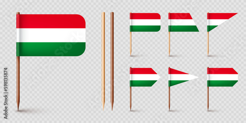 Realistic various Hungarian toothpick flags. Souvenir from Hungary. Wooden toothpicks with paper flag. Location mark, map pointer. Blank mockup for advertising and promotions. Vector Generative AI