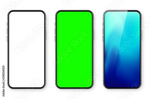Smartphone with blank touch screen and abstract colorful wallpaper, green chroma key background. Frameless mobile phone in front view. High quality detailed device mockup. Vector Generative AI