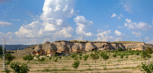 Large-scale panoramic view of Cappadocia, natural geological formations of extraordinary beauty. Famous touristic destination in Turkey