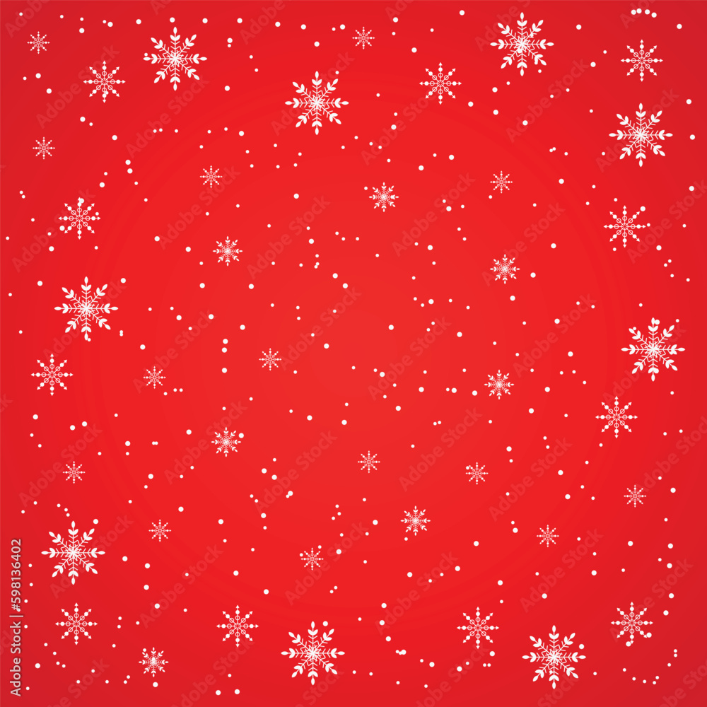 Christmas snowy winter design. White falling snowflakes on a red background, abstract landscape. Cold weather effect. Magic decoration texture