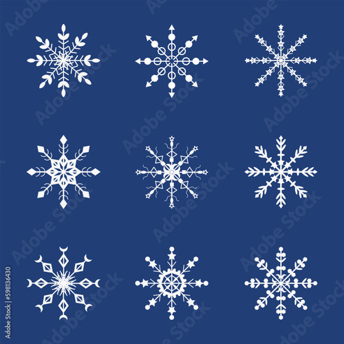 Set of curly snowflakes on a blue background. Snowflakes for winter design. Vector.