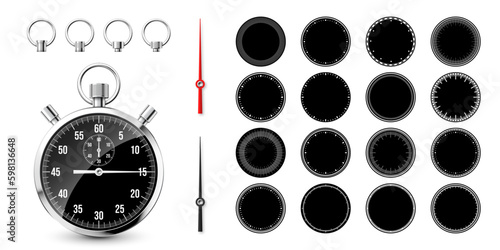 Classic stopwatch with clock faces. Shiny metal chronometer, time counter with dial. Countdown timer showing minutes and seconds. Time measurement for sport, start and finish. Vector Generative AI