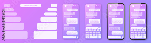 Realistic smartphone with messaging app on colorful violet background. Blank SMS text frame. Chat screen with transparent message bubbles. Social media application. Vector illustration Generative AI