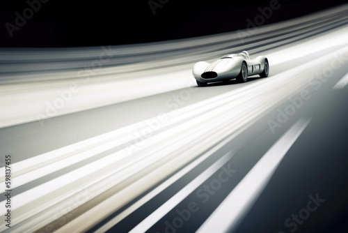 A sleek white speedster passing its competition on a tight curve its driver focused intently on the finish line Speed drive concept. AI generation. Generative AI