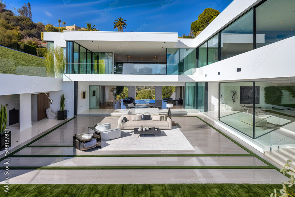 Fototapeta premium Villa in Beverly Hills, California. Holiday Rentals Los Angeles, luxyry villa with swimming pool in Beverly Hills. Modern apartment buildings, Facade exterior design. Ai generative illustration.