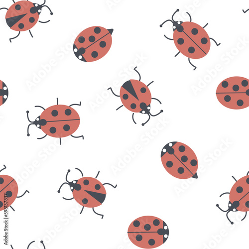 Seamless pattern with summer ladybugs that crawl, fly. Vector graphics with insects.