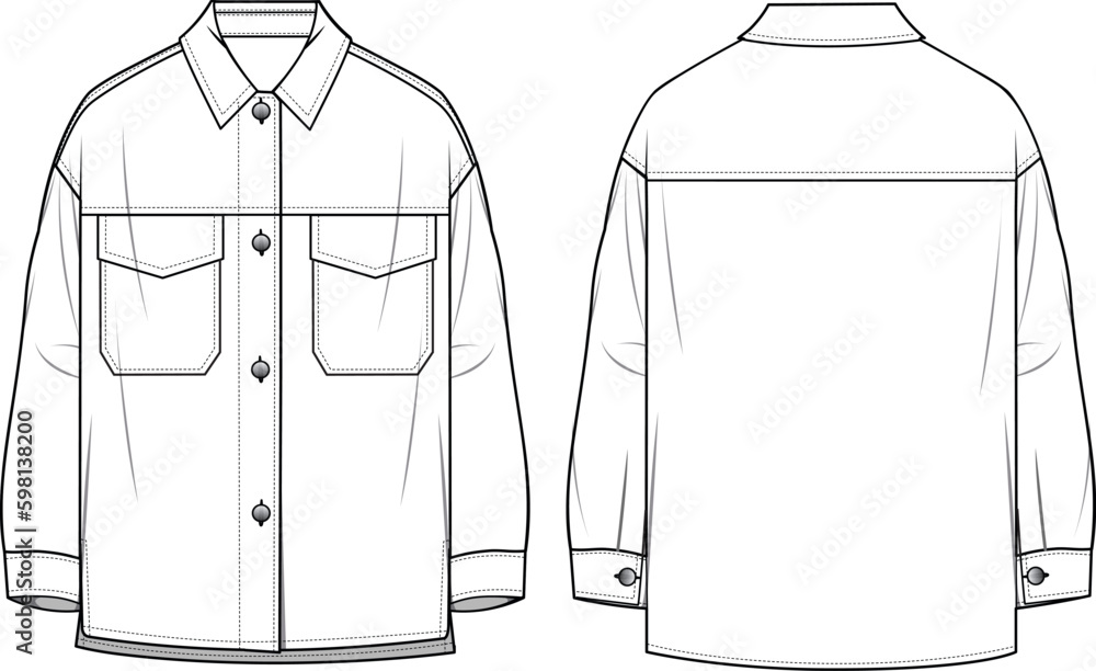 Unisex Oversized Shacket- Technical fashion illustration. Front and ...