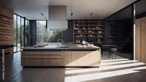 Clean lines and open spaces in minimalistic kitchen. AI generated