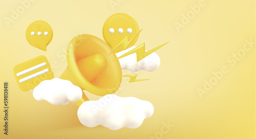 Megaphone with clouds . Marketing or advertising concept, 3d yellow megaphone. Realistic vector illustration