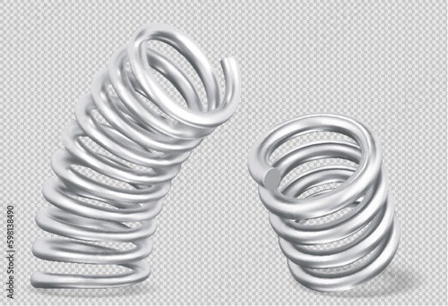 Metal spring silver realistic set with swirls isolated vector illustration. isolated on transparent background