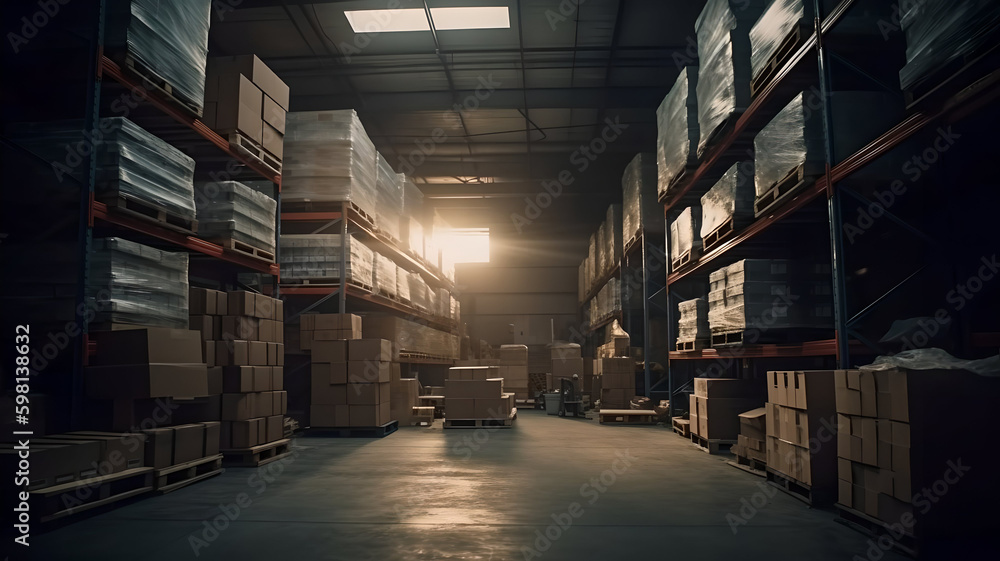 Old industrial building. Warehouse filled with cardboard boxes on shelves, boxes stand on pallets. Generative AI