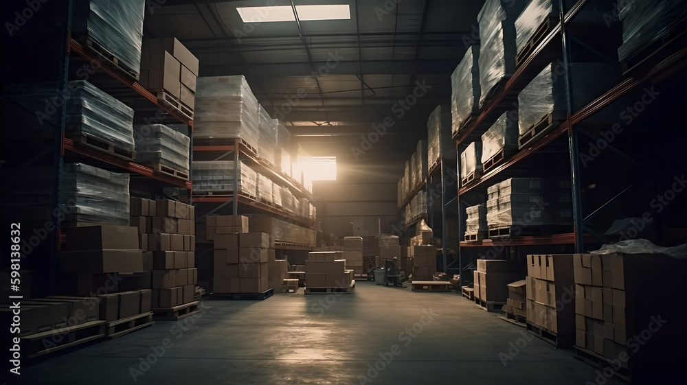 Old industrial building. Warehouse filled with cardboard boxes on shelves, boxes stand on pallets. Generative AI Old industrial building. Warehouse filled with cardboard boxes on shelves, boxes stand on pallets. Generative AI