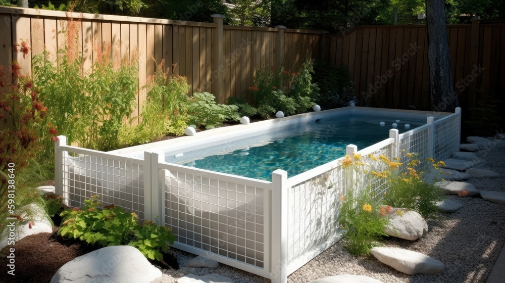 Fenced in small pool atop an embossed side yard painted with touchable white river stones. AI generated