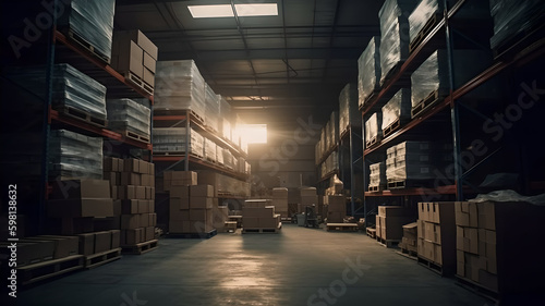Old industrial building. Warehouse filled with cardboard boxes on shelves, boxes stand on pallets. Generative AI