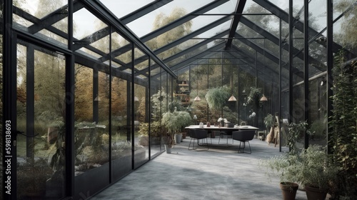 Glass walls and minimal decor in a modern greenhouse. AI generated