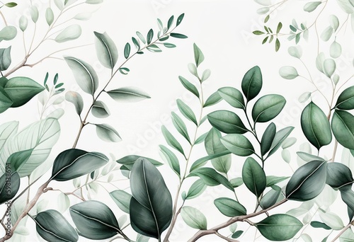 Watercolor pattern of green leaves and branches by Generative AI