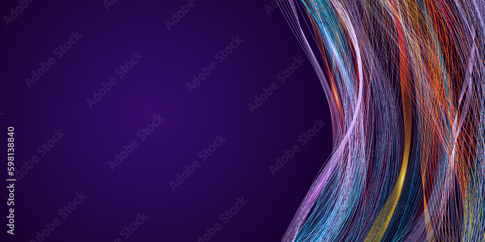Abstract radial wave background. Lots of colored wave radial lines on purple background with copy space for abstract design on technological, scientific theme - obrazy, fototapety, plakaty 