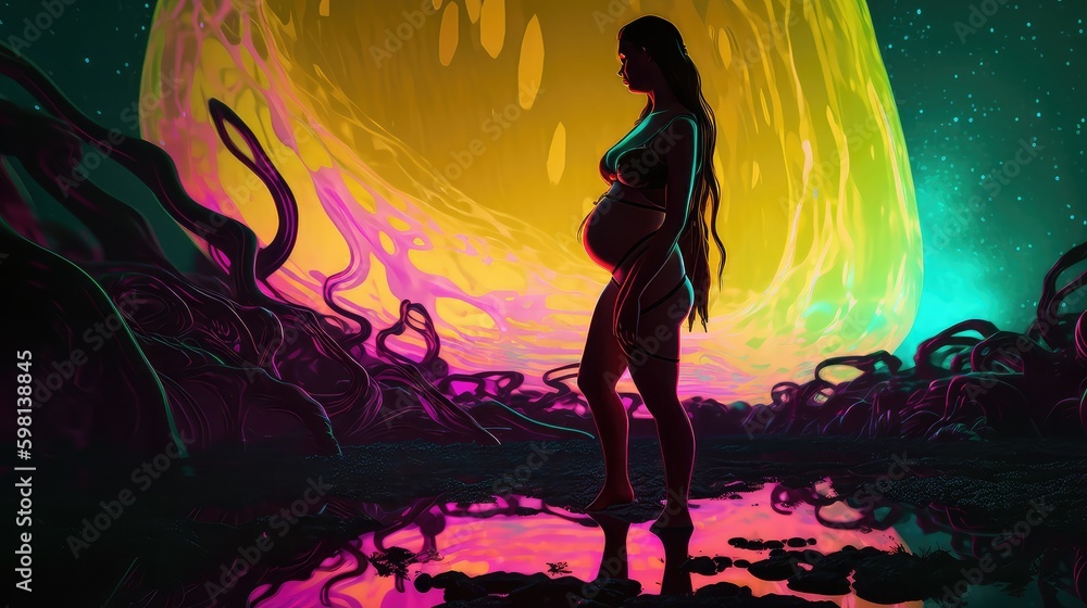 Pregnant women standing in metaverse world, neon world, 3d Abstract world, vivid landscape, virtual reality world, music video background, 3D world, illusion, virtual world, futuristic world Pregnant women standing in metaverse world, neon world, 3d Abstract world, vivid landscape, virtual reality world, music video background, 3D world, illusion, virtual world, futuristic world