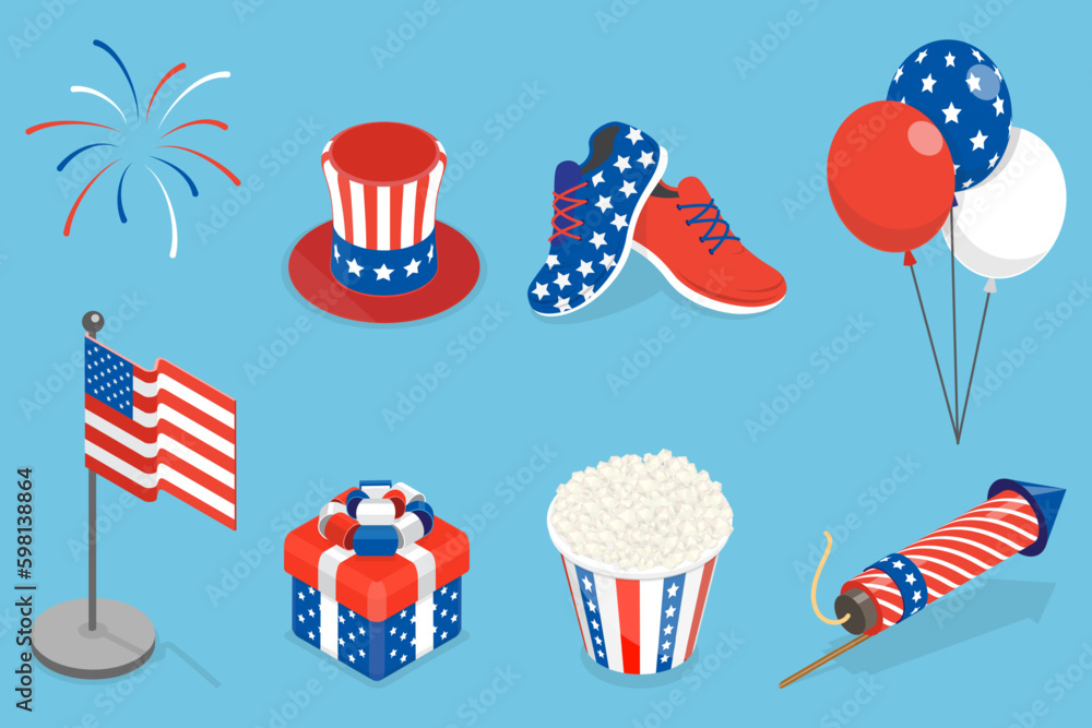 Obraz premium 3D Isometric Flat Vector Set of United Stated Independence Design Items, USA Celebration
