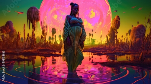 Pregnant women standing in metaverse world, neon world, 3d Abstract world, vivid landscape, virtual reality world, music video background, 3D world, illusion, virtual world, futuristic world