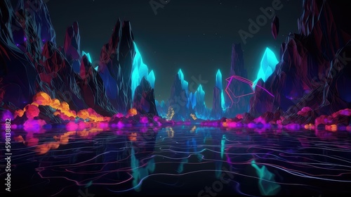 Wallpaper Mural Fantasy world, neon magic lake, neon vj loop, dj loop, music video backgrounds, neon water, full moon, stage shows background, dance music background, unreal engine, metaverse world, fantasy world Torontodigital.ca