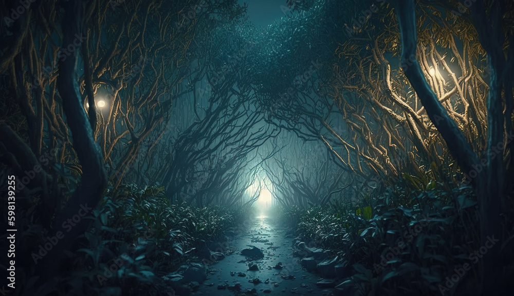 Scary forest at night, trees and mystic pathway in dark fairytale wood, generative AI.