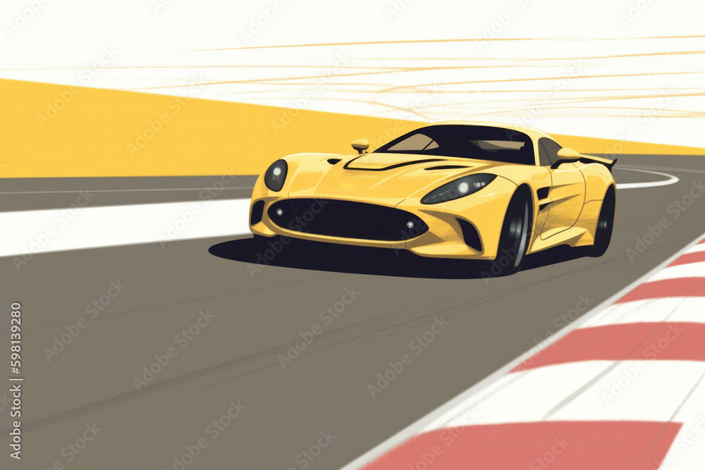 A yellow blaze of a sports car speeding around a sharp curve on a tarmac track. Speed drive concept. AI generation. Generative AI A yellow blaze of a sports car speeding around a sharp curve on a tarmac track. Speed drive concept. AI generation. Generative AI
