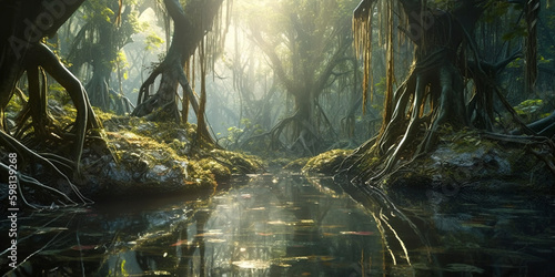 Fotografia Mangrove forest in summer, panorama of river in wild jungle, generative AI