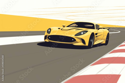 A yellow blaze of a sports car speeding around a sharp curve on a tarmac track. Speed drive concept. AI generation. Generative AI