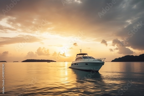Luxury motor yacht in sea at sunset, expensive boat near ocean coast, generative AI.