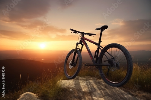 Bicycle on mountain top at sunset, landscape with sports bike, generative AI.