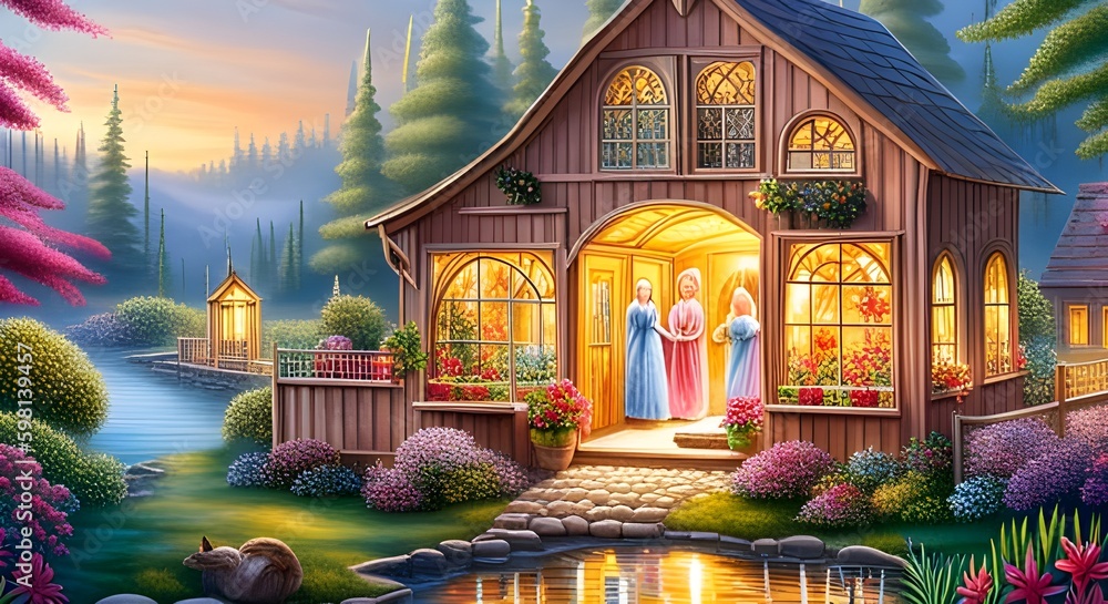 Natural landscapes of a house surrounded by magical and beautiful forest or a garden full of flowers