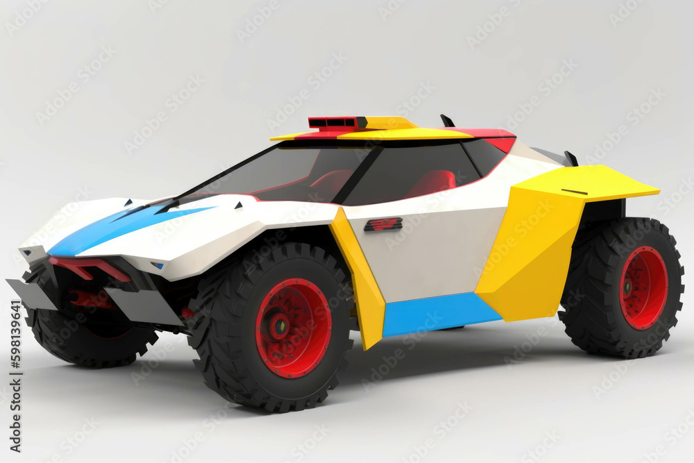 A white rally racing car with black and red detailing along the doors and a blue and yellow flag across the top Speed drive concept. AI generation. Generative AI A white rally racing car with black and red detailing along the doors and a blue and yellow flag across the top Speed drive concept. AI generation. Generative AI