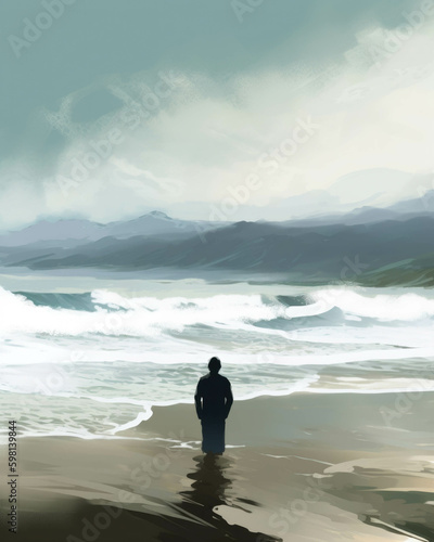 A person standing on a beach looking out over the waves and feeling a sense of connection to soing larger Psychology emotions concept. AI generation. Generative AI photo