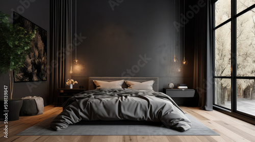 bedroom with sleek black decor, a wooden floor, a king-size bed, and a large window. Generative AI