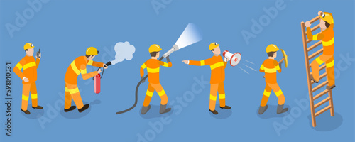 3D Isometric Flat Vector Set of Firefighter Characters, Emergency Rescue