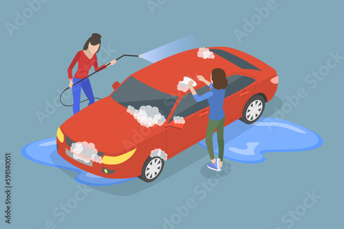 3D Isometric Flat Vector Conceptual Illustration of Carwash Service, Vehicle Cleaning Station