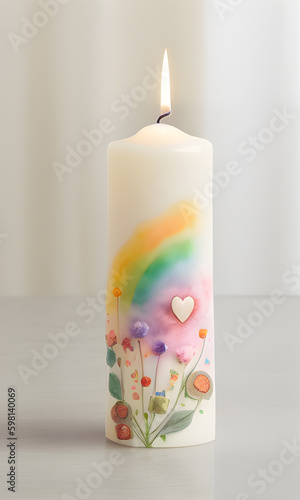 Kerze mit Blumen und Regenbogen, Generative AI