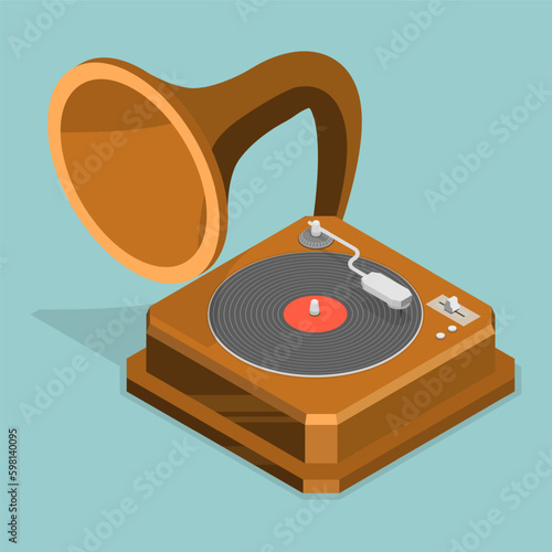 3D Isometric Flat Vector Conceptual Illustration of Retro Music Turntable, Vinyl Player