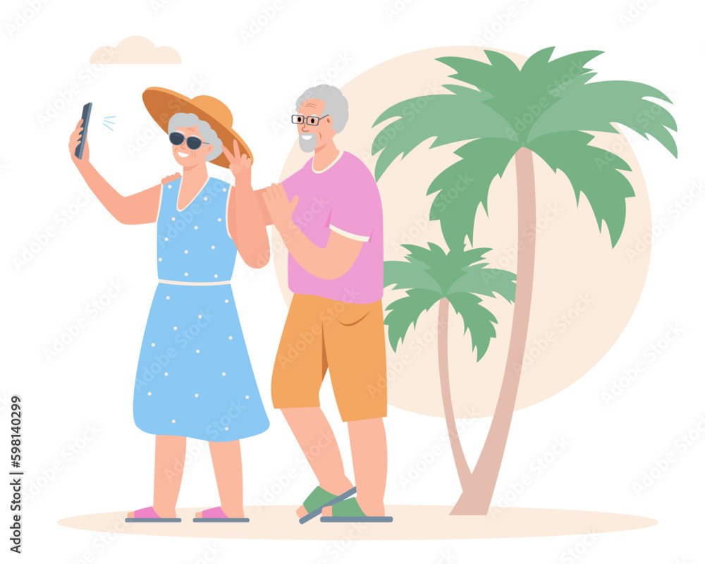 Senior smiling man and woman with smartphone under palm trees. Couple of Elderly People taking selfie in summer. Active grandparents traveling. Vector flat illustration.